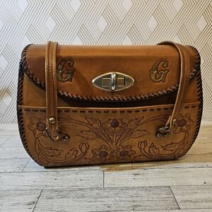 COPY - Vintage Hand Tooled Leather Hard Sided Satchel Bag